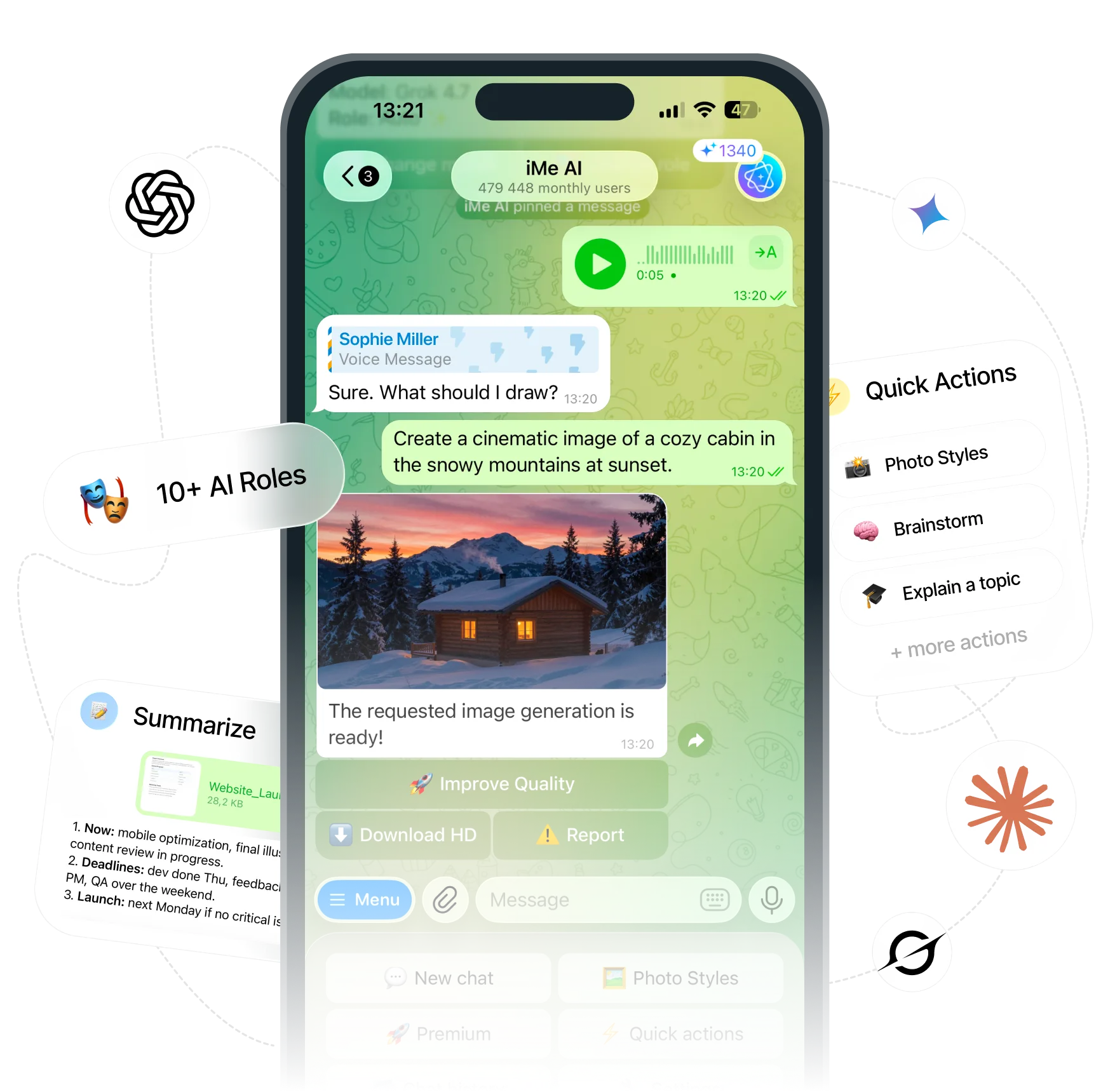 iMe AI chat on a phone with AI roles, quick actions and a generated image