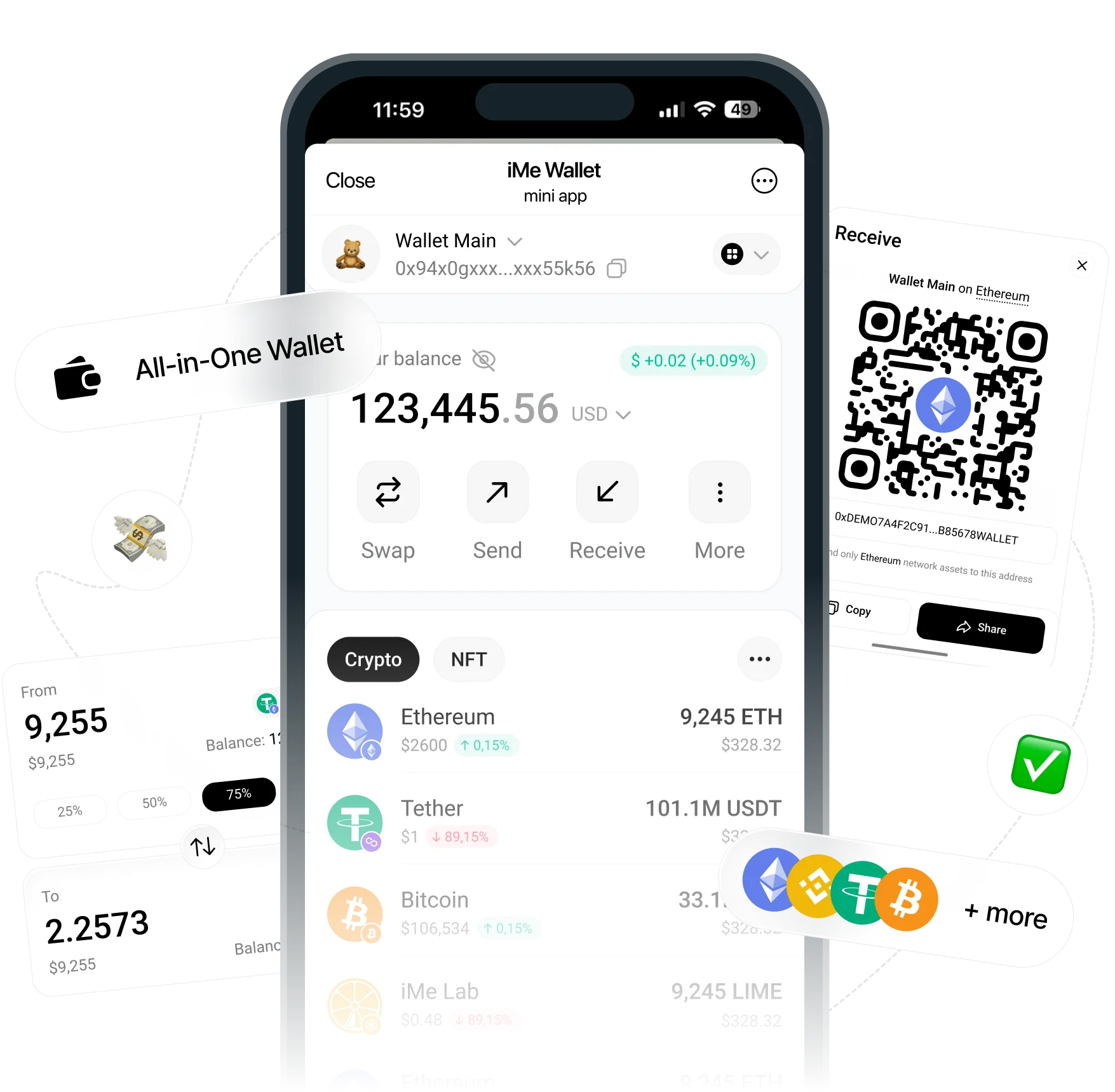 iMe Wallet mini app on a phone with balance, tokens, swap and receive screens