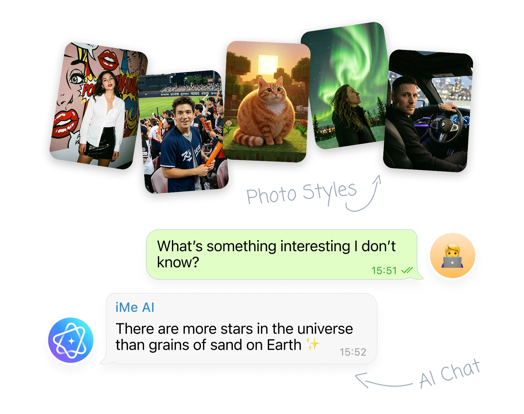 Styled AI photos and a chat with iMe AI answering a question