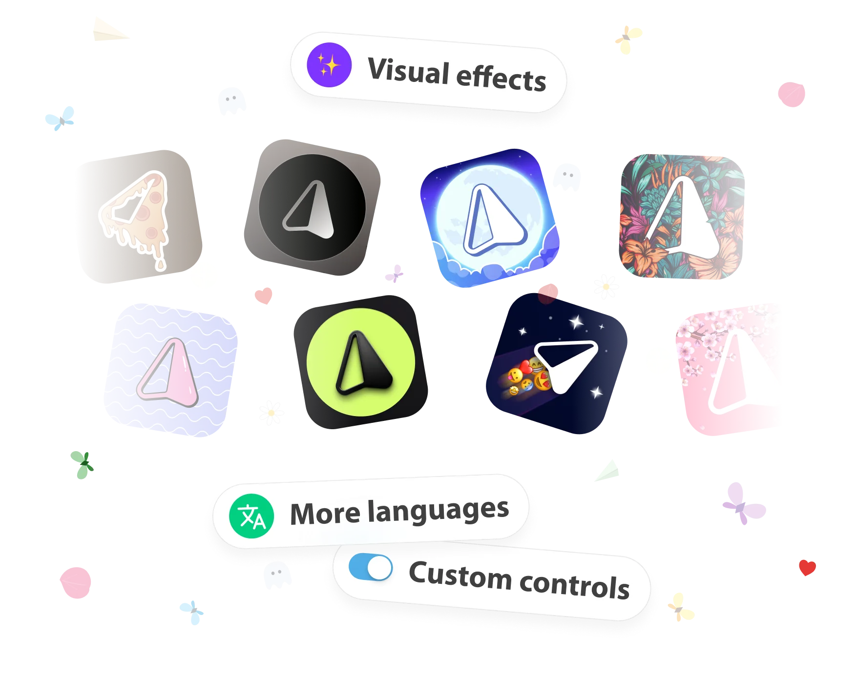 iMe app icons with Visual effects, More languages and Custom controls labels